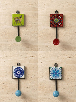 Khoonti – Set of Metal And Blue Pottery Wall Hooks