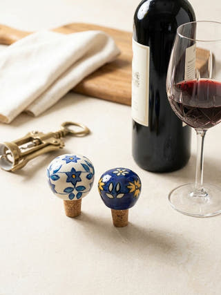 The Midnight Bloom Blue Pottery Cork Bottle Cap | Set Of 2