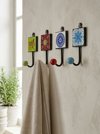 Khoonti – Set of Metal And Blue Pottery Wall Hooks