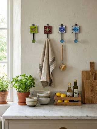 Khoonti – Set of Metal And Blue Pottery Wall Hooks
