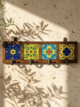 Khoonti - The Wooden And Blue Pottery Wall Hook Board