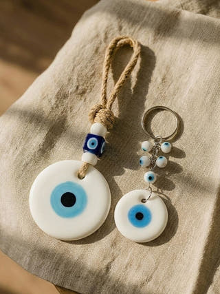 Evil Eye Gift | Set Of White Charm And Keychain