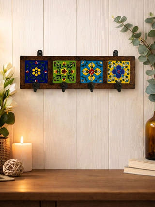 Khoonti - The Wooden And Blue Pottery Wall Hook Board