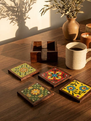 Aira Wooden & Blue Pottery Coaster Set – Set of 4 with Holder