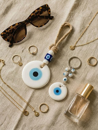 Evil Eye Gift | Set Of White Charm And Keychain