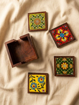 Aira Wooden & Blue Pottery Coaster Set – Set of 4 with Holder