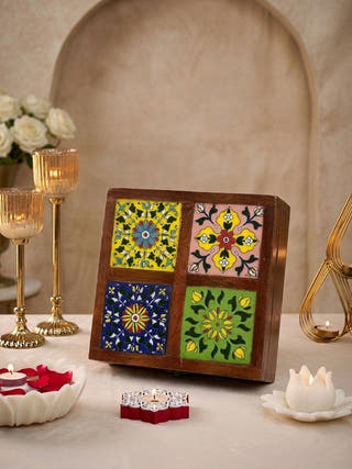 Nidhi Wooden Blue Pottery Heirloom Box