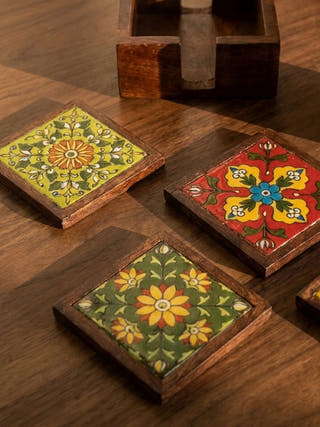 Aira Wooden & Blue Pottery Coaster Set – Set of 4 with Holder