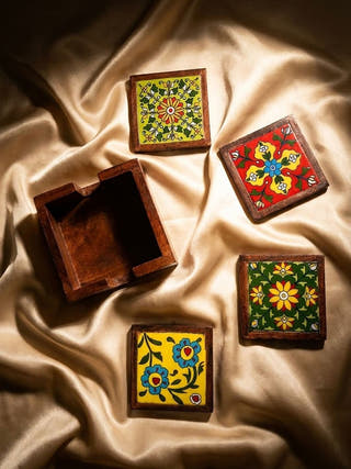 Aira Wooden & Blue Pottery Coaster Set – Set of 4 with Holder
