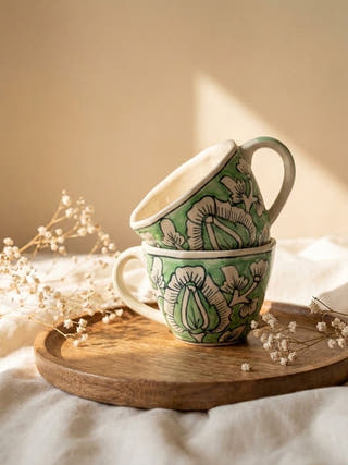 Verdant Bloom Blue Pottery Mug | Set Of 2