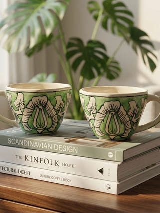 Verdant Bloom Blue Pottery Mug | Set Of 2