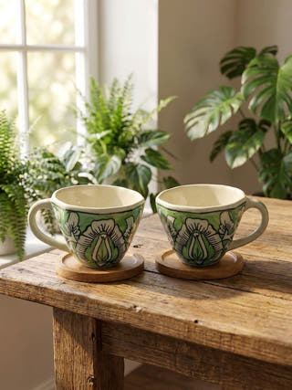 Verdant Bloom Blue Pottery Mug | Set Of 2