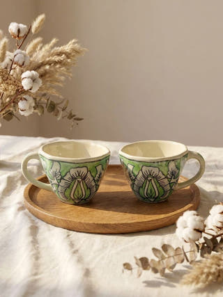 Verdant Bloom Blue Pottery Mug | Set Of 2