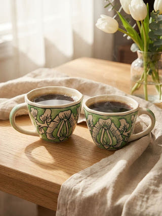 Verdant Bloom Blue Pottery Mug | Set Of 2