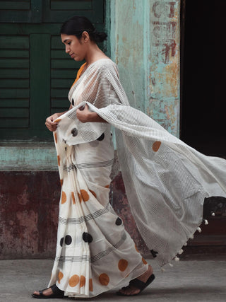 Geometry Black Orange Dot  Saree SoulWeaves