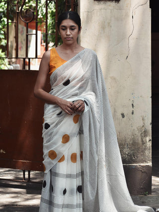 Geometry Black Orange Dot  Saree SoulWeaves