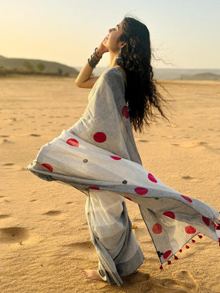 Geometry Grey Red Dots Saree SoulWeaves