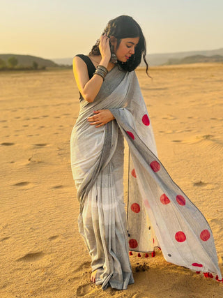 Geometry Grey Red Dots Saree SoulWeaves