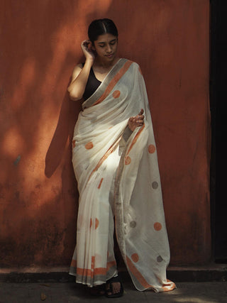 Geometry Orange Grey Dots Saree SoulWeaves