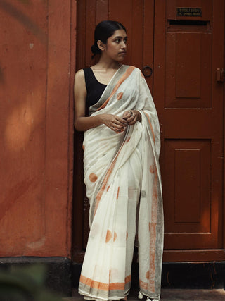 Geometry Orange Grey Dots Saree SoulWeaves