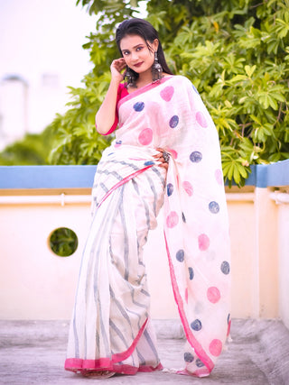 Geometry Pink Navy Dots Saree SoulWeaves