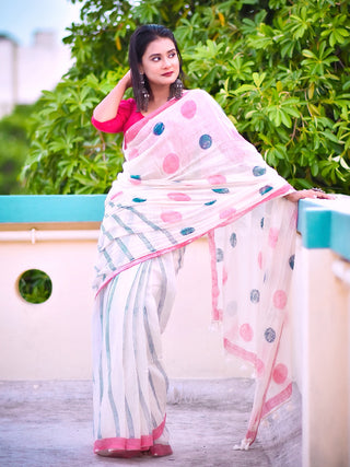 Geometry Pink Navy Dots Saree SoulWeaves