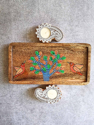 Hand painted Bird with Tree Wooden tray and T-light Gift Box FolkStroke