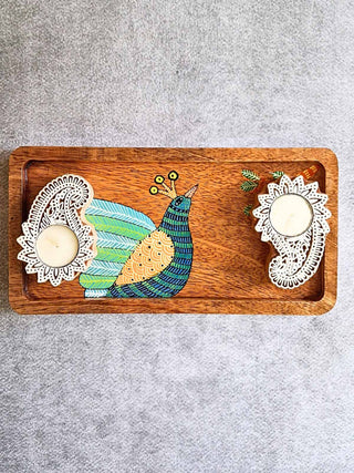 Hand painted bird wooden tray and T-light Gift Box FolkStroke