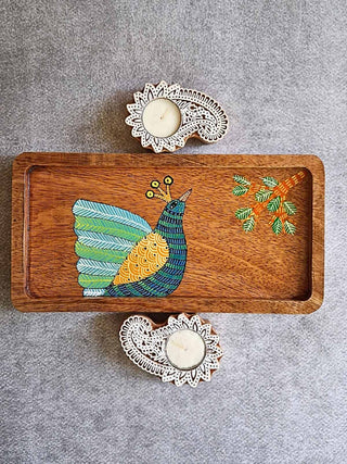 Hand painted bird wooden tray and T-light Gift Box FolkStroke