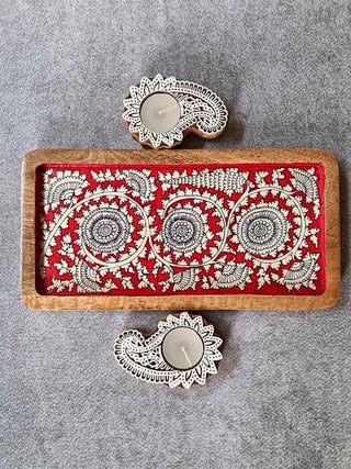 Red Hand painted wooden tray and T-Light Combo Gift Box FolkStroke