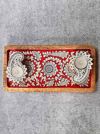 Red Hand painted wooden tray and T-Light Combo Gift Box FolkStroke