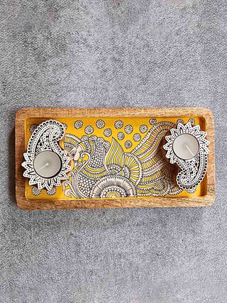 Yellow Hand painted wooden tray and T-Light Combo Gift Box FolkStroke