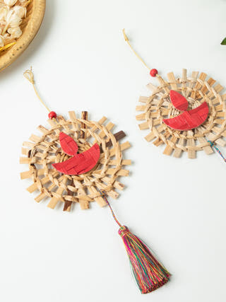 Mandala Diya Handcrafted Bamboo Hanging - Set of 2