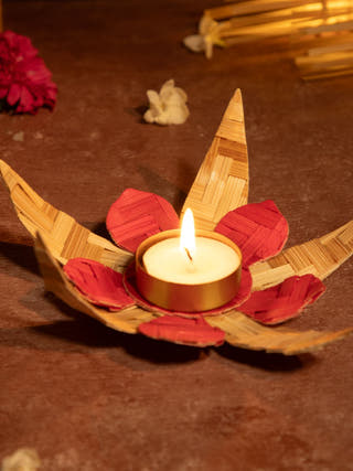 Mango Leaf Handcrafted Bamboo Tea Light Holder - Set of 2