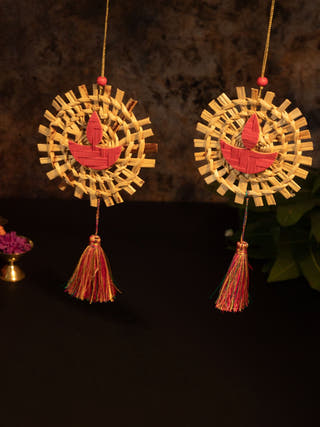 Mandala Diya Handcrafted Bamboo Hanging - Set of 2