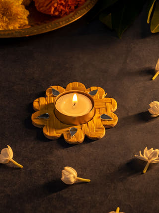 Marigold Handcrafted Bamboo Tea light Holder - Set of 2