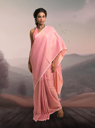 Gulabi Raaz Baby Pink Handloom Cotton Brocade Saree