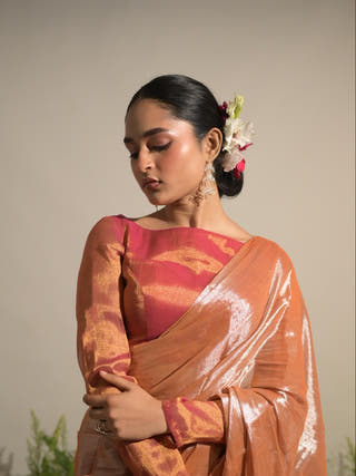 Gulmohar Mirage Neon Orange Tissue Saree