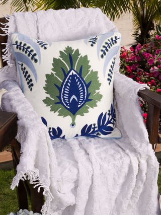 Hampton Style Multi Embroidered Green & Blue Chinar Leaf Cushion Cover