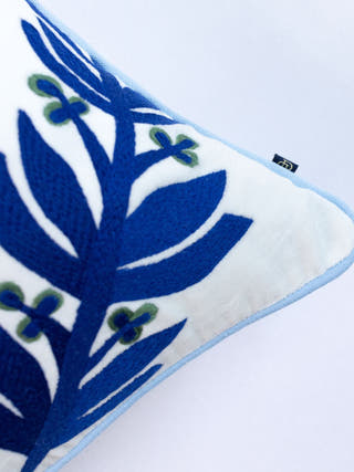 Hampton Style Multi Embroidered Green & Blue Chinar Leaf Cushion Cover