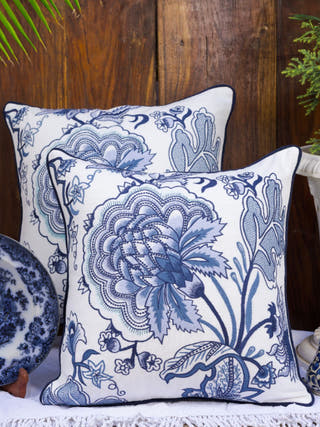 Hamptons Style Multi Embroidered Blue Blossom Cushion Cover