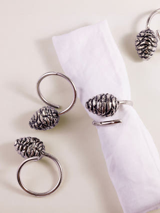 Himalayan Silver Pine Cone Charm Napkin Ring - Set of 4