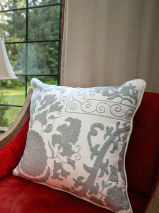 Country Style Crewel Embroidered Grey & White Soft Saga Cushion Cover