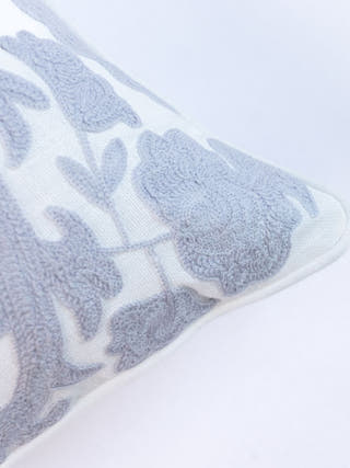 Country Style Crewel Embroidered Grey & White Soft Saga Cushion Cover
