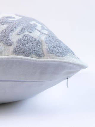 Country Style Crewel Embroidered Grey & White Soft Saga Cushion Cover