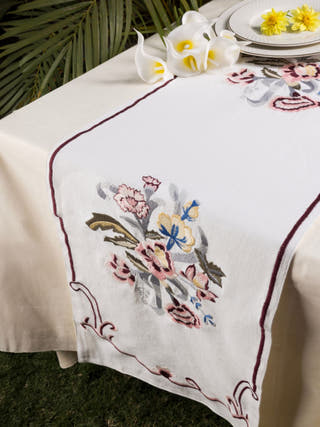 Country Style Multi Embroidered Peach Carnation Table Runner