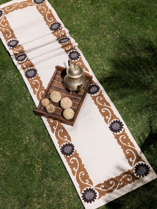 Suzani Style Crewel Embroidered Brown and Grey Tashkent Table Runner