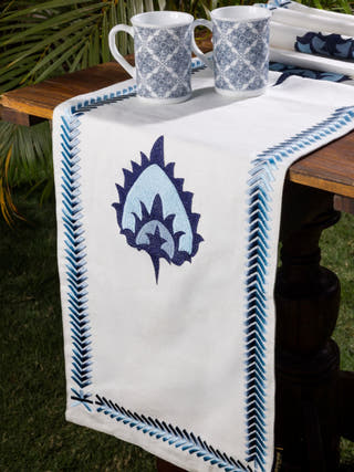 Hamptons Style Multi Embroidered Blue Paisley Table Runner