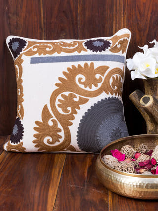 Suzani Style Crewel Embroidered Brown and Grey Tashkent Cushion Cover