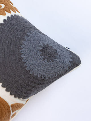 Suzani Style Crewel Embroidered Brown and Grey Tashkent Cushion Cover
